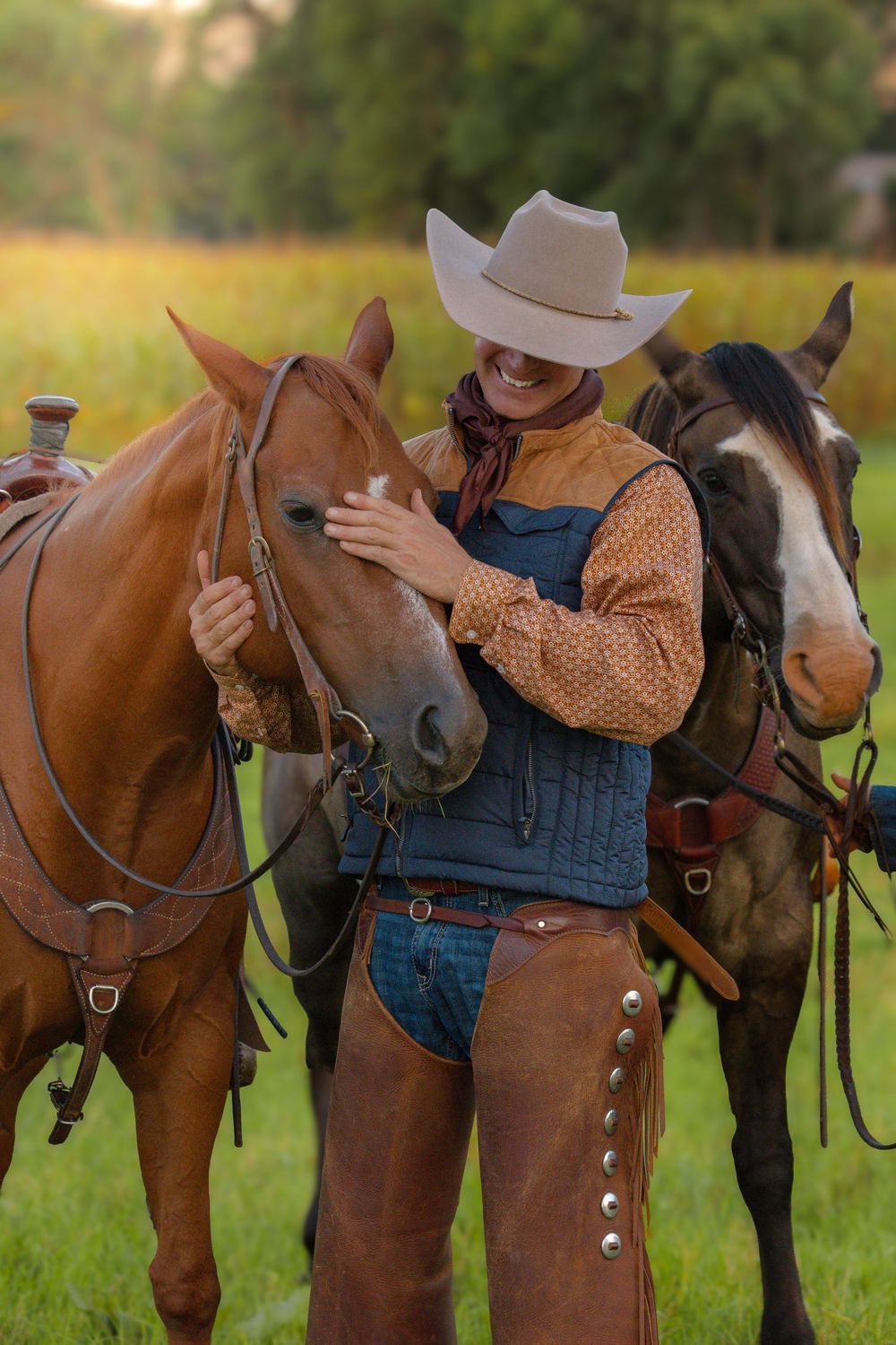 A series of western-style photos showing horses and riders in cowboy attire against a grassy outdoor backdrop.