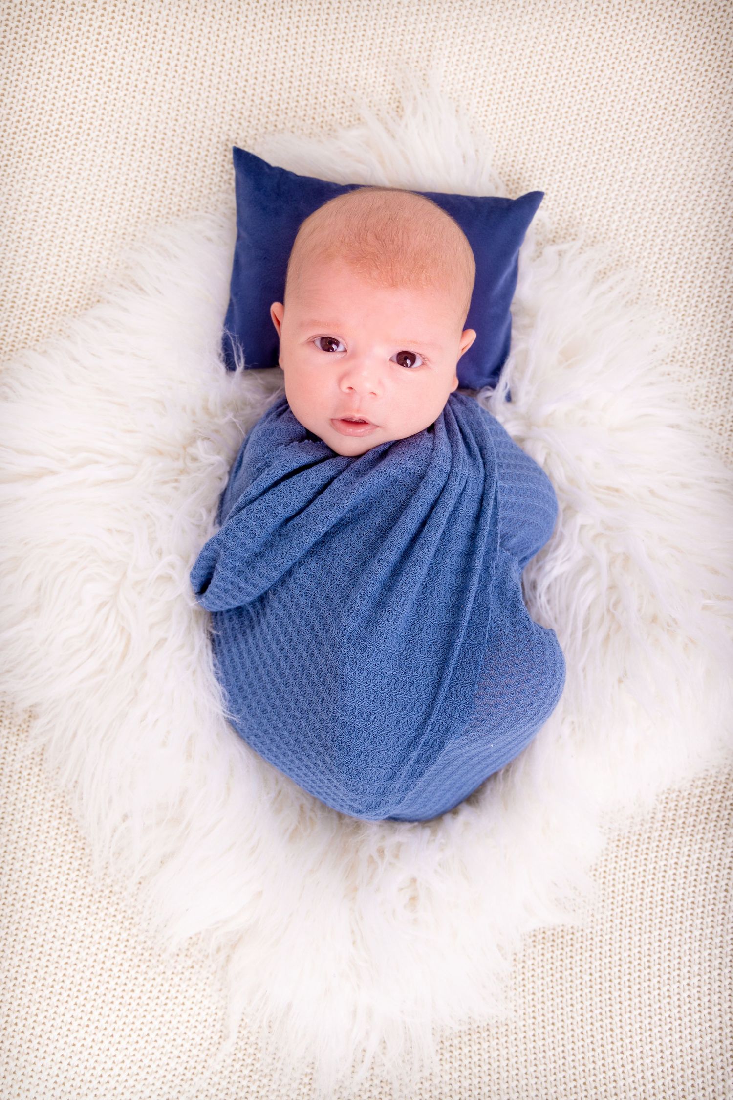 Small baby in blue sweater lying on soft white fluffy blanket during newborn photo session.