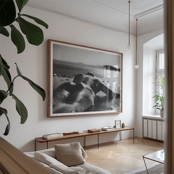 Minimalist interior with black and white framed artwork and indoor plants.