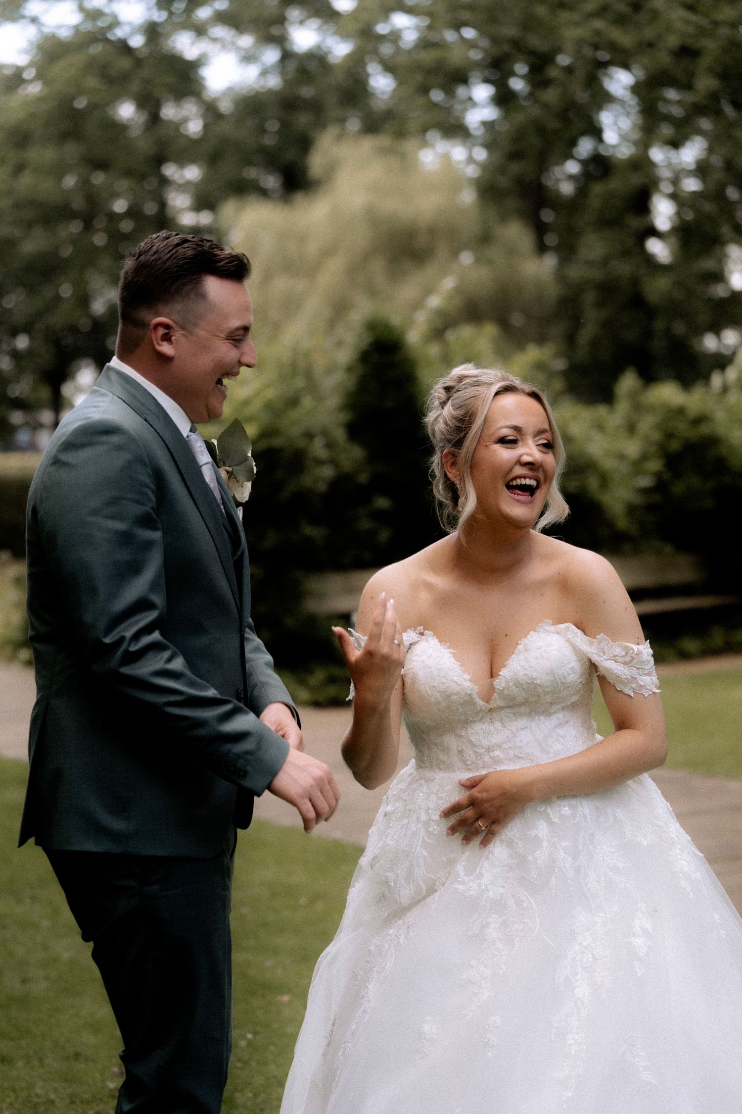 Groom and bride smiling