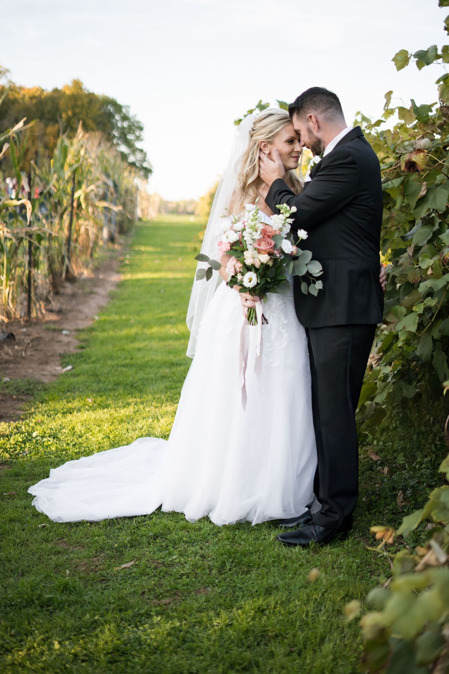A couple shares a romantic moment in their wedding attire at a vineyard during sunset.