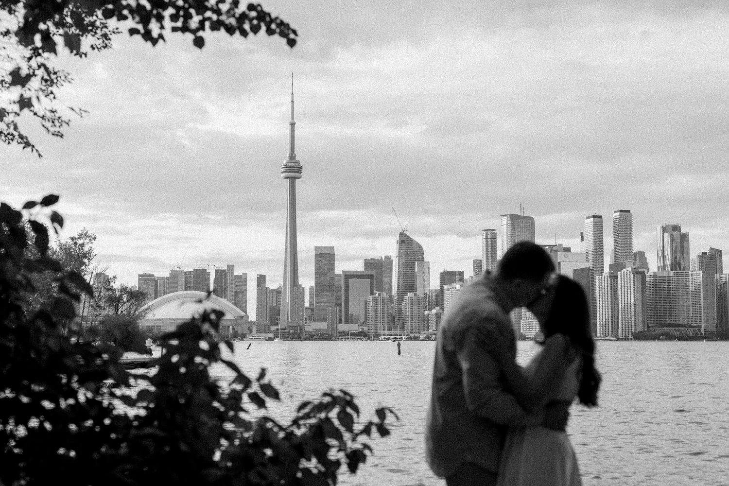 Toronto skyline engagement photos with CN Tower visible across the harbor.