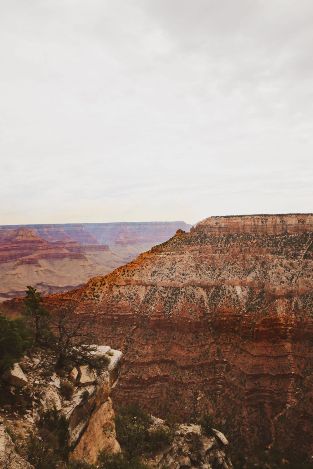 Layered red rock formations of the Grand Canyon stretch into the misty horizon.