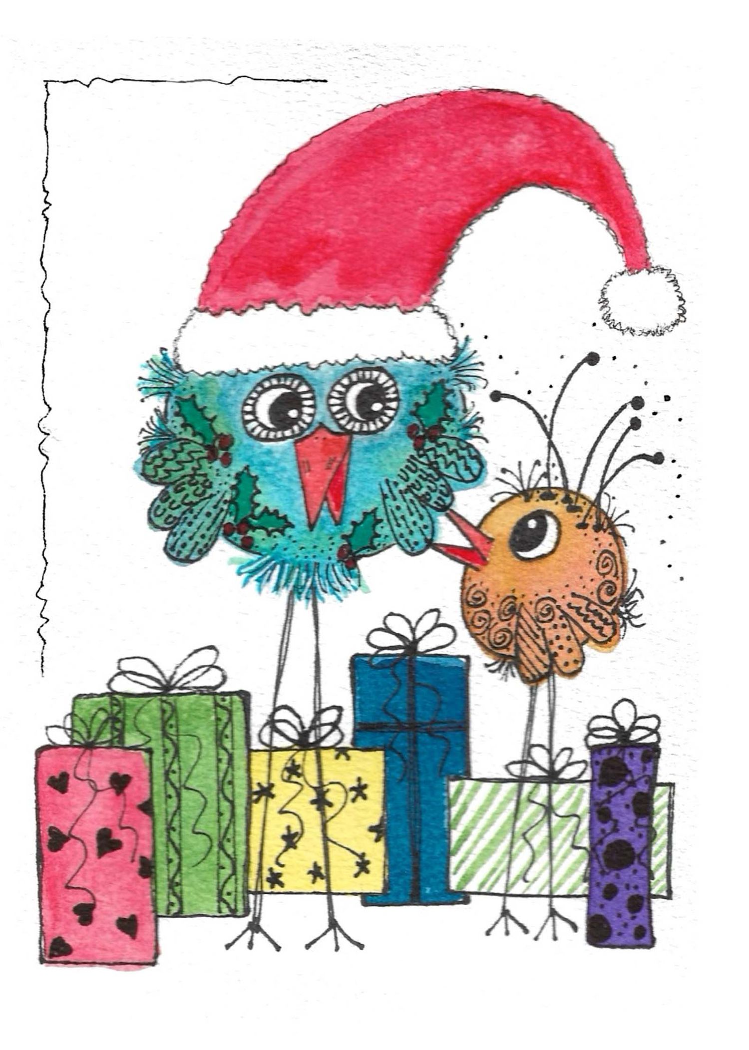 Whimsical cartoon birds with presents in bright colors and holiday decorations.