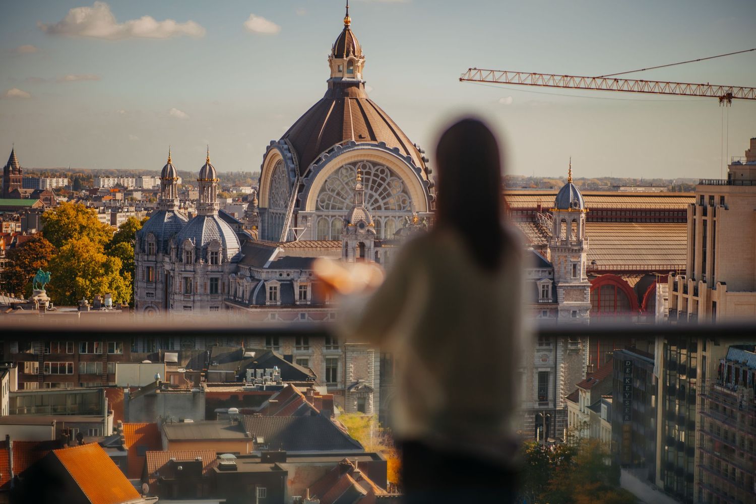 Uitzicht op historisch koepelgebouw en skyline van de stad bij zonsondergang.