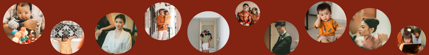 A series of circular portrait photos arranged in a row against a red background.