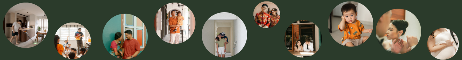 A series of circular portrait photos arranged in a row against a red background.