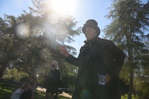 Silhouette of a magician against bright sunlight filtering through evergreen trees in a park at a birthday party.