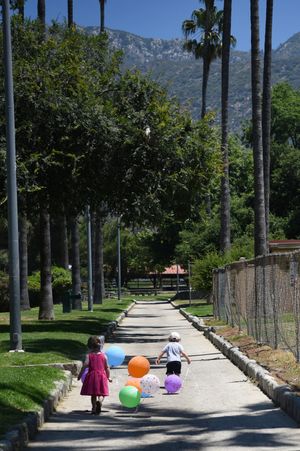Palm tree-lined walkway in a park with kids  pulling colorful birthday balloons under mountain views.