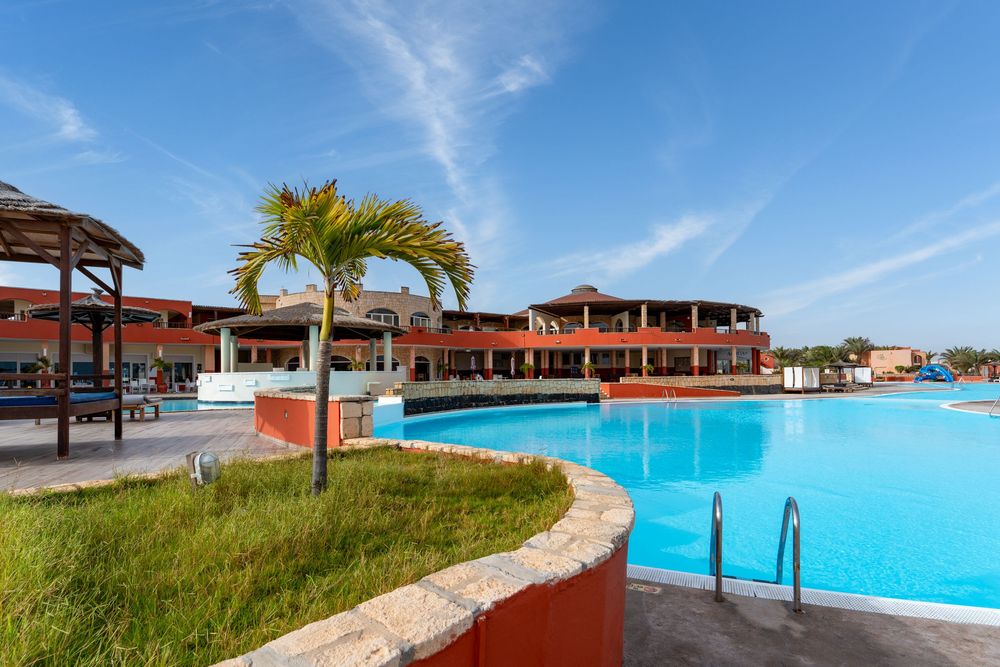 Luxurious resort swimming pool with palm trees and thatched umbrellas against bright blue sky at tropical vacation destination.