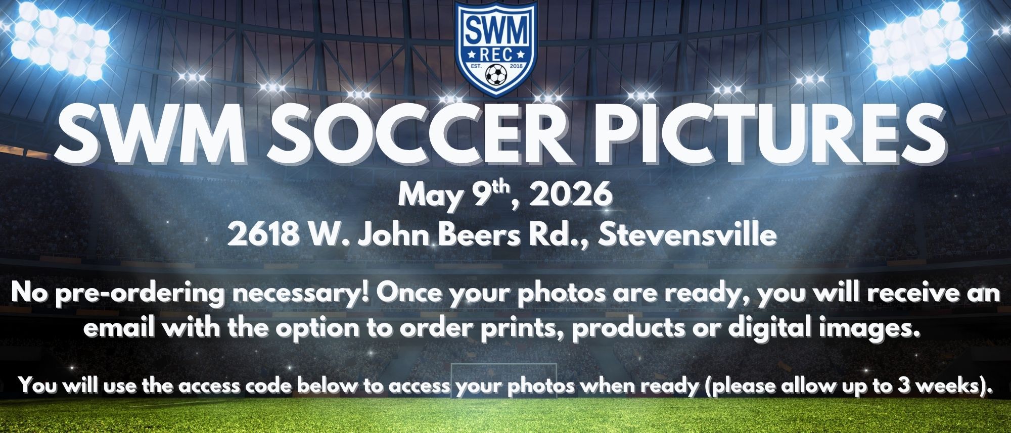 SWM Rec Pictures banner with stadium lights and scheduling information.