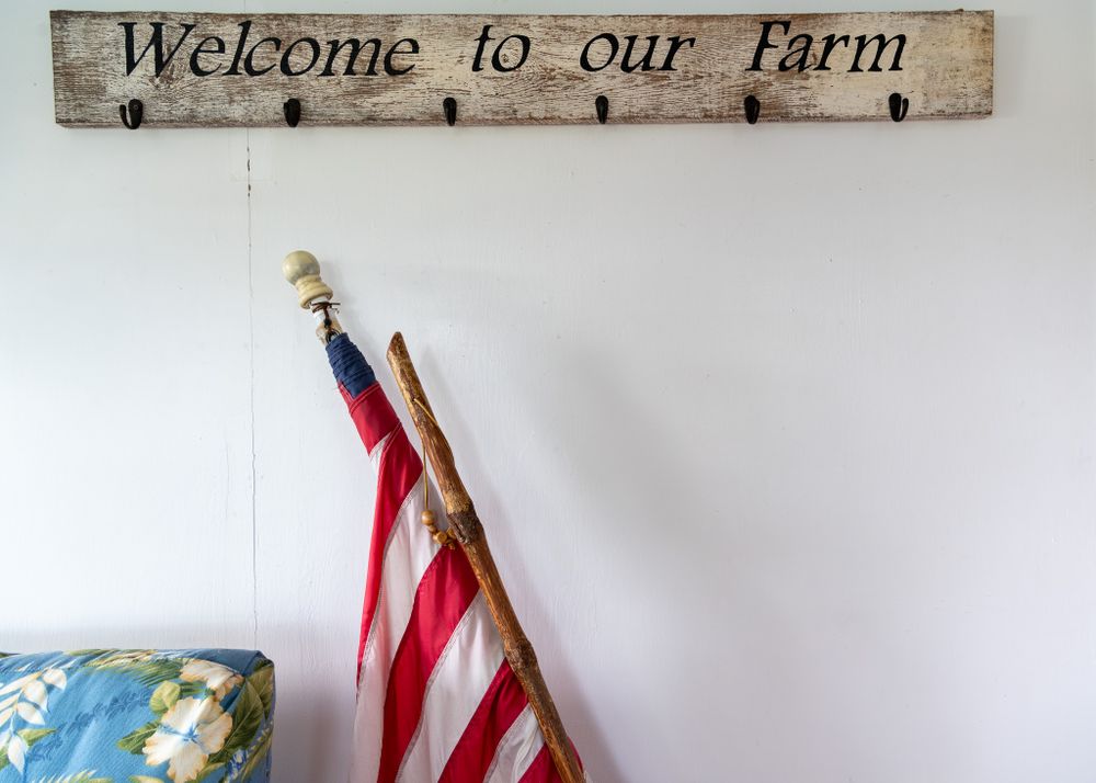 Rustic wooden 'Welcome to our Farm' wall sign with hooks mounted above American flag and globe decor.