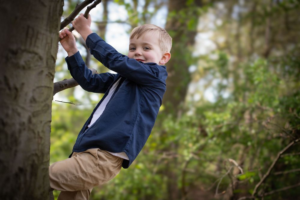 Child in navy jacket swings from tree branch with joy in woodland setting.