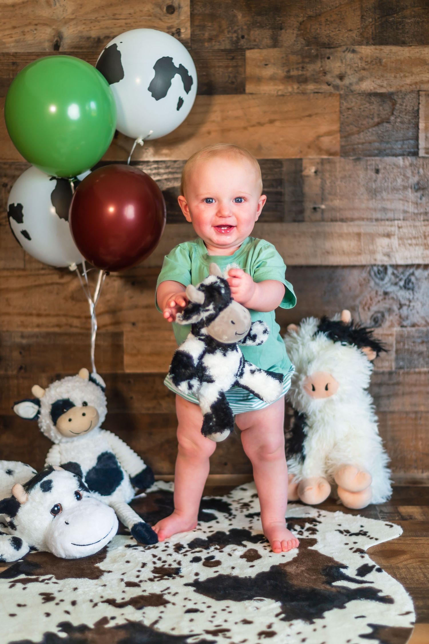 Studio session baby's first birthday smash cake cow themed creative set Opp Alabama genuine smiles happy boy planned with mom