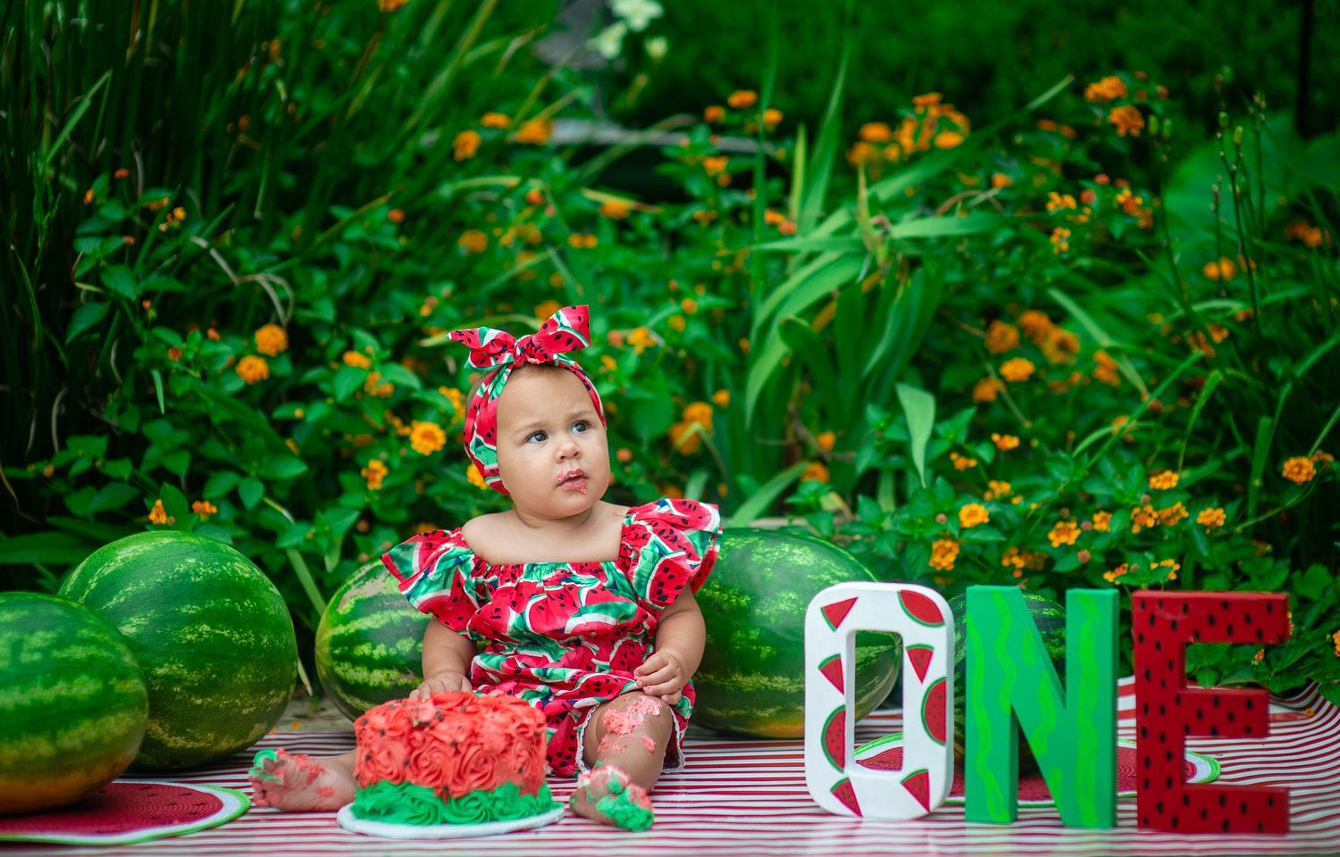 first birthday session watermelon smash cake outsdie custom set baby girl Opp Alabama Silverhill Alabama Baldwin County