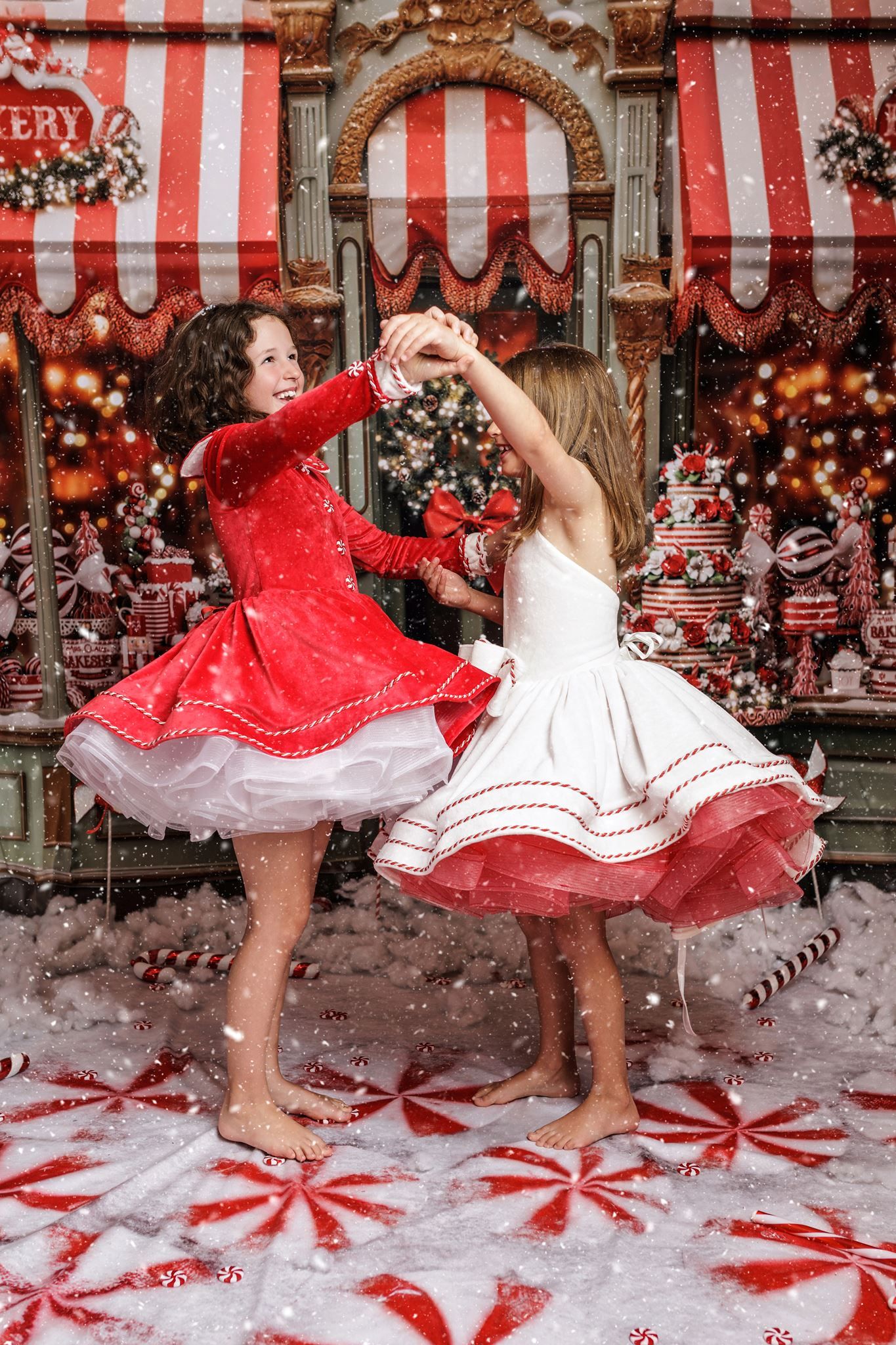 Festive holiday scene with traditional decorations and Christmas figures in conversation.