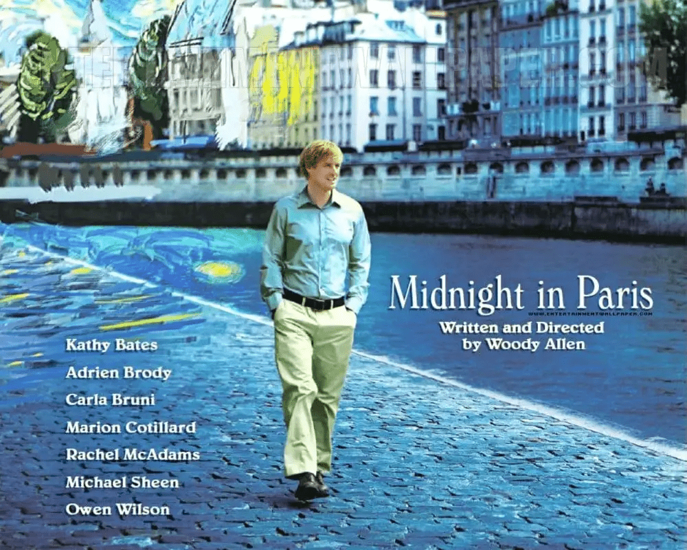 Midnight in Paris movie poster featuring rain-soaked cobblestone streets of Paris.
