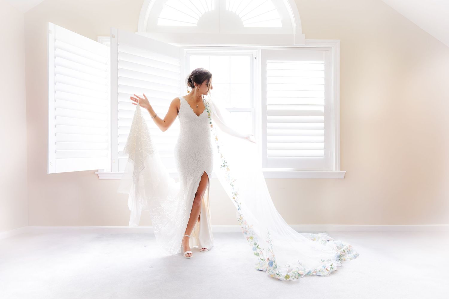 Ethereal bridal portrait with flowing veil against bright window light.