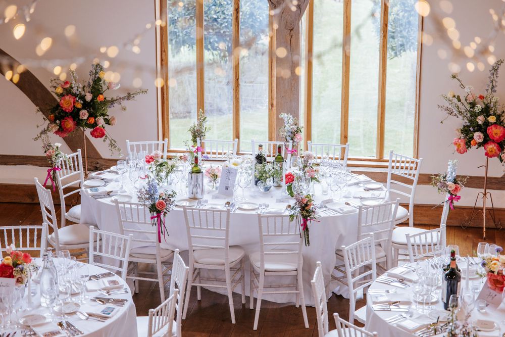 Wedding reception room at Harper Weddings venue Cain Manor, ready for wedding in Hampshire.