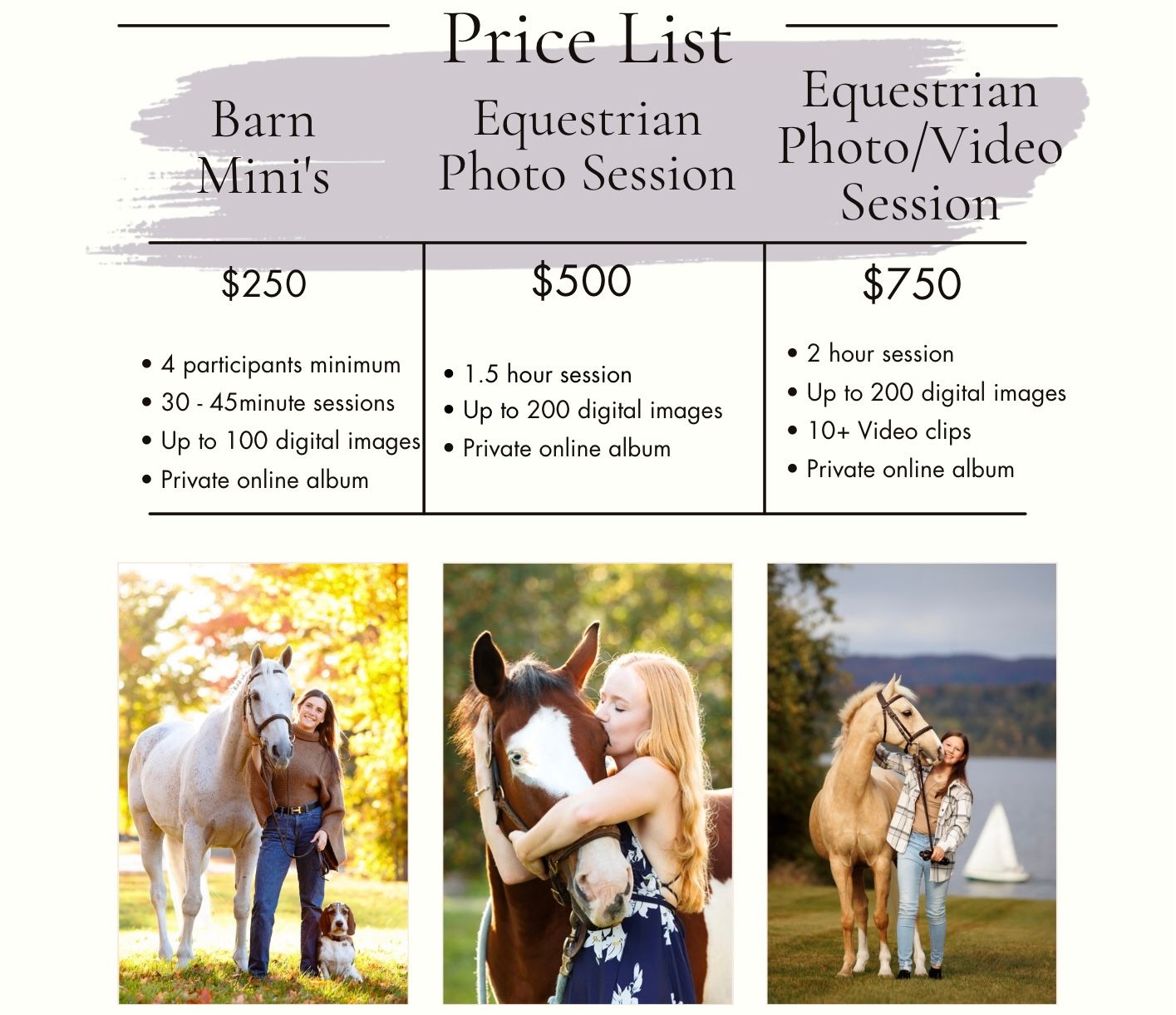 Photography price list showing three tiers of equestrian photo session packages with sample images.