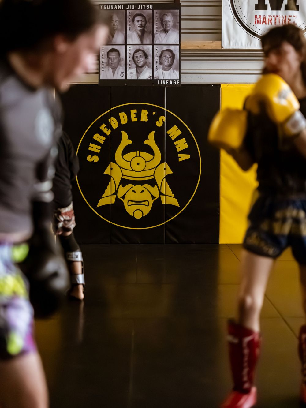 Martial arts gym interior showing Shredder's Gym logo with samurai design on black wall.