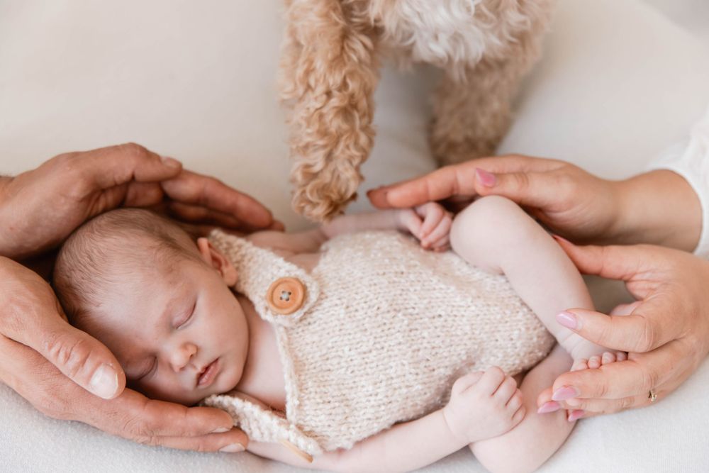 Close-up of adorable newborn baby sleeping peacefully on soft white bedding with delicate details captured.