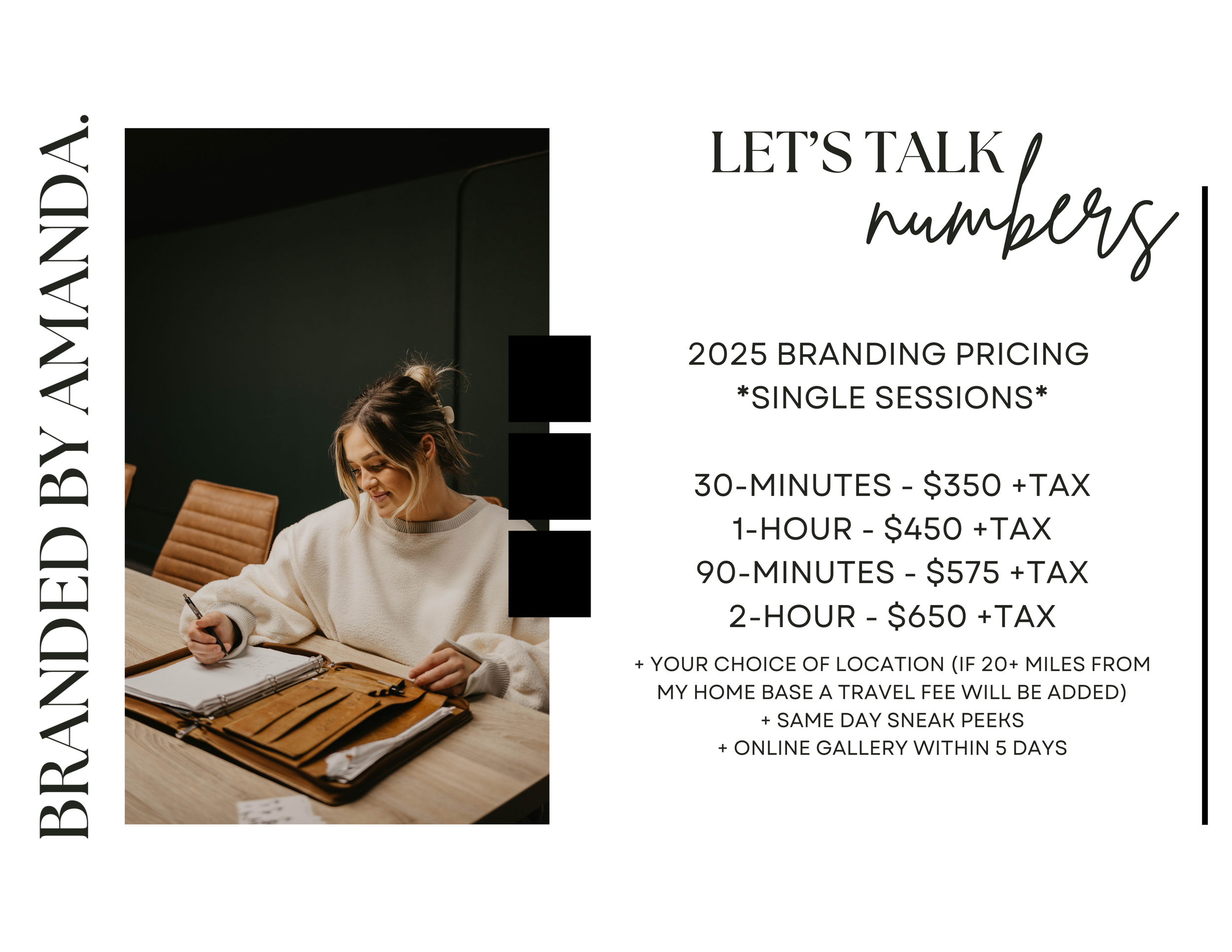 Branding session pricing guide with rates displayed on minimalist design.