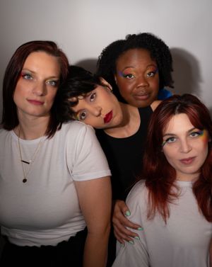 A series of casual group photos with friends in white shirts against a neutral background.