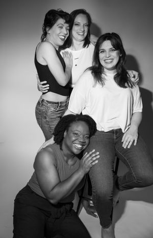 Black and white group portraits showing friendship and laughter.