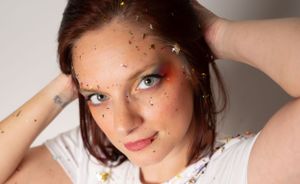 Close-up portrait series with sparkles and artistic makeup details.