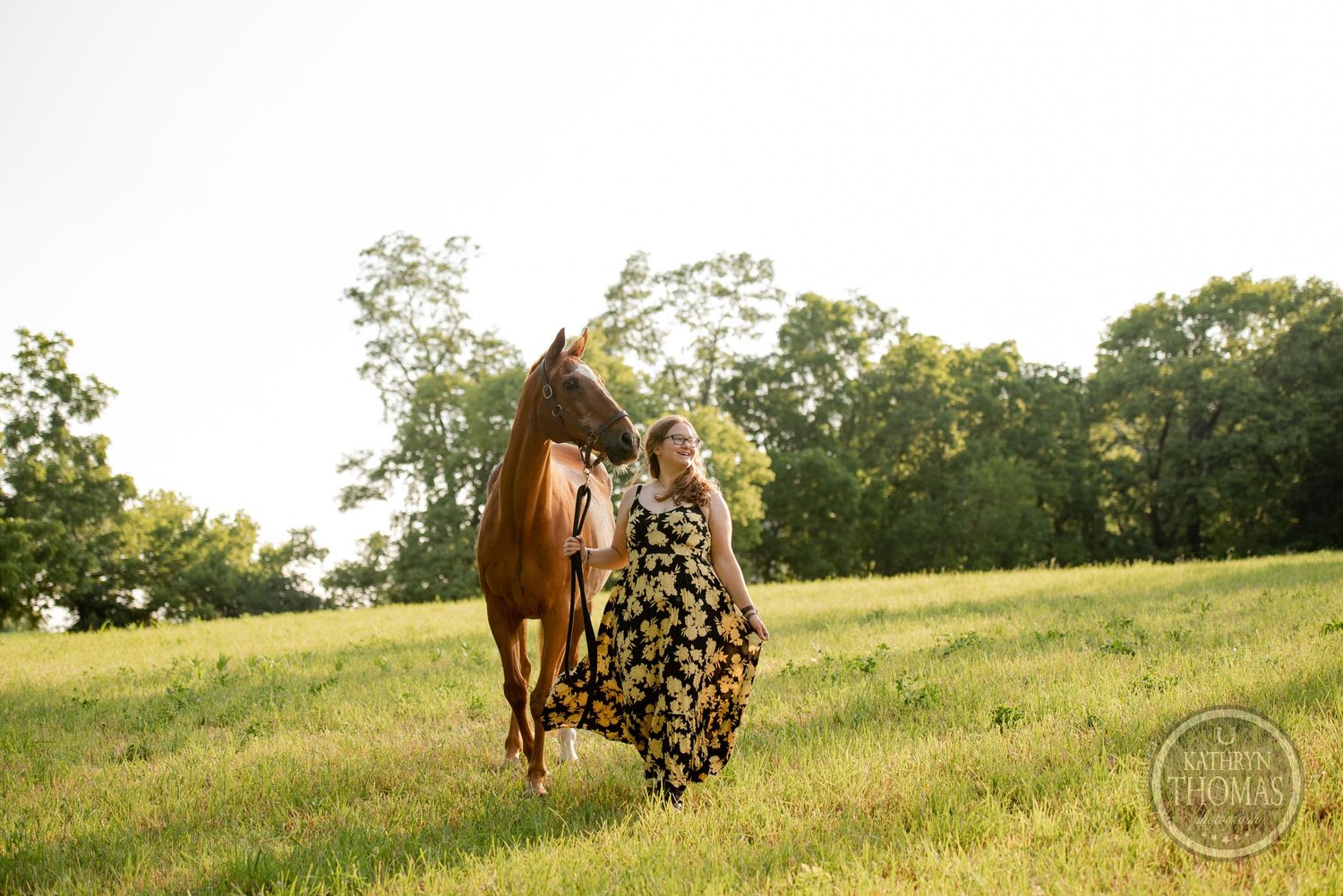 A brown horse and someone in a floral dress walk through a golden sunlit meadow.