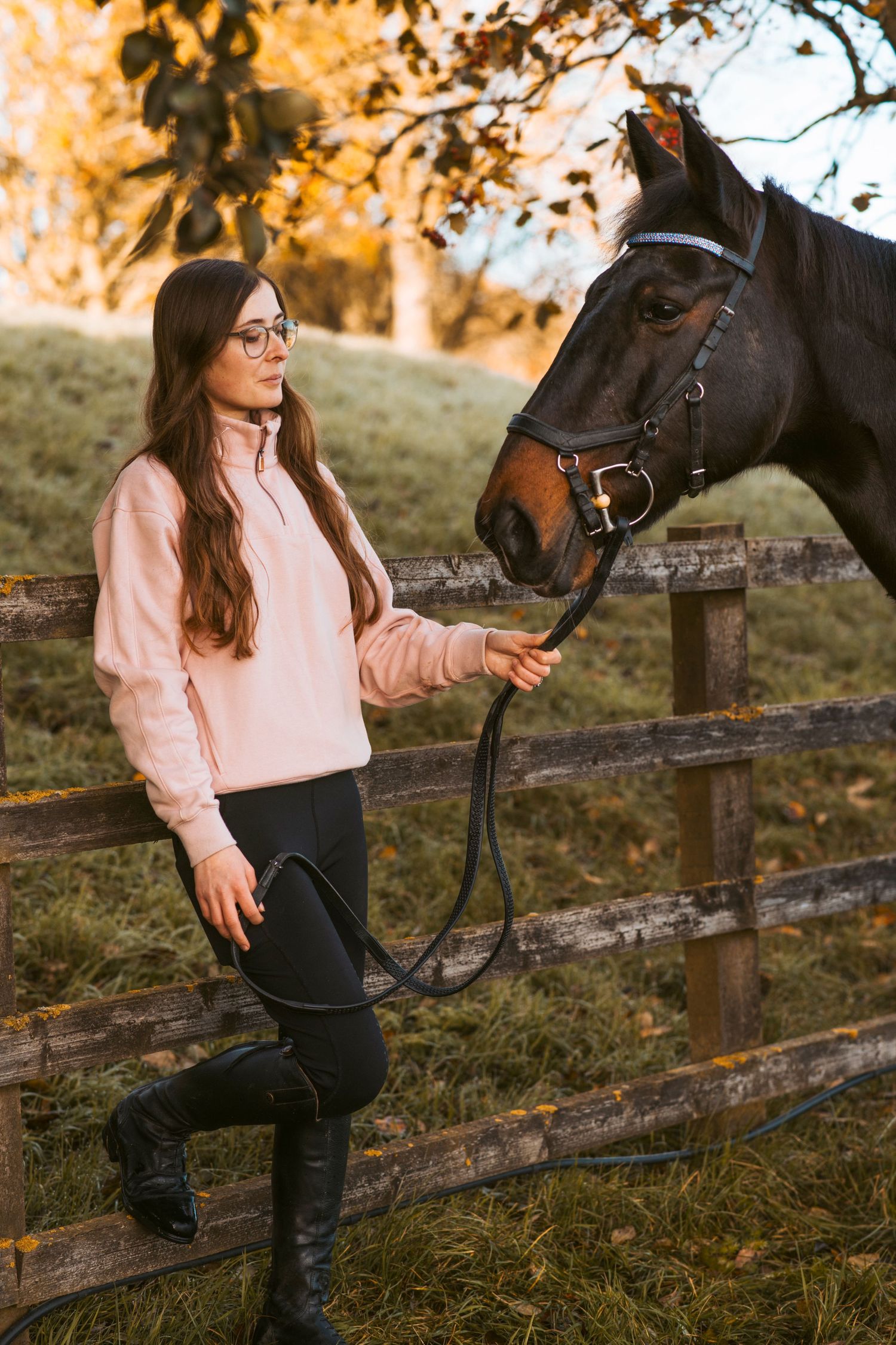 Autumn scene with horse and rider beside rustic wooden fence.