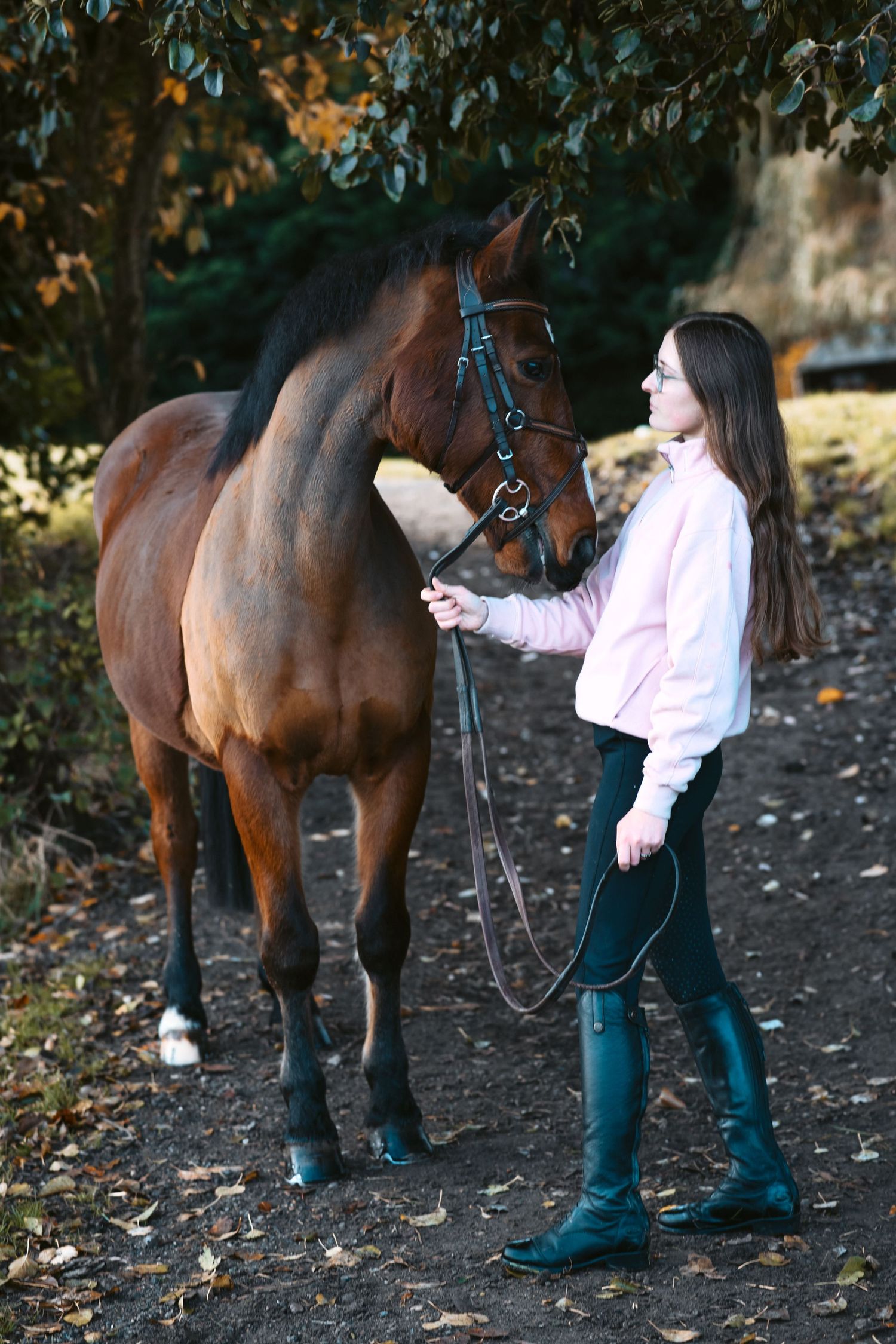 Person in pink sweater leads bay horse along autumn trail wearing riding boots.