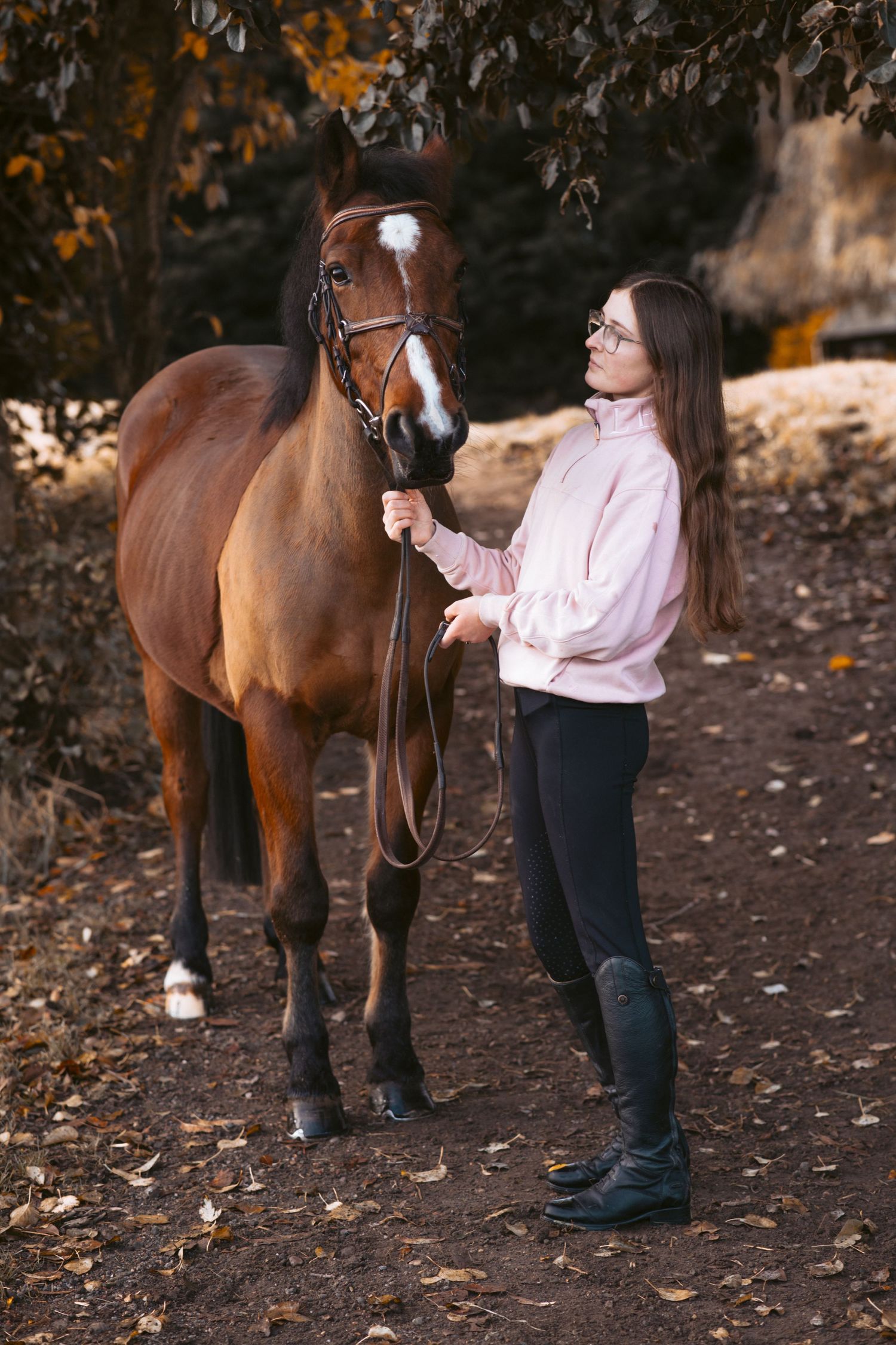 Bay horse and handler pause on leaf-covered trail during autumn afternoon.