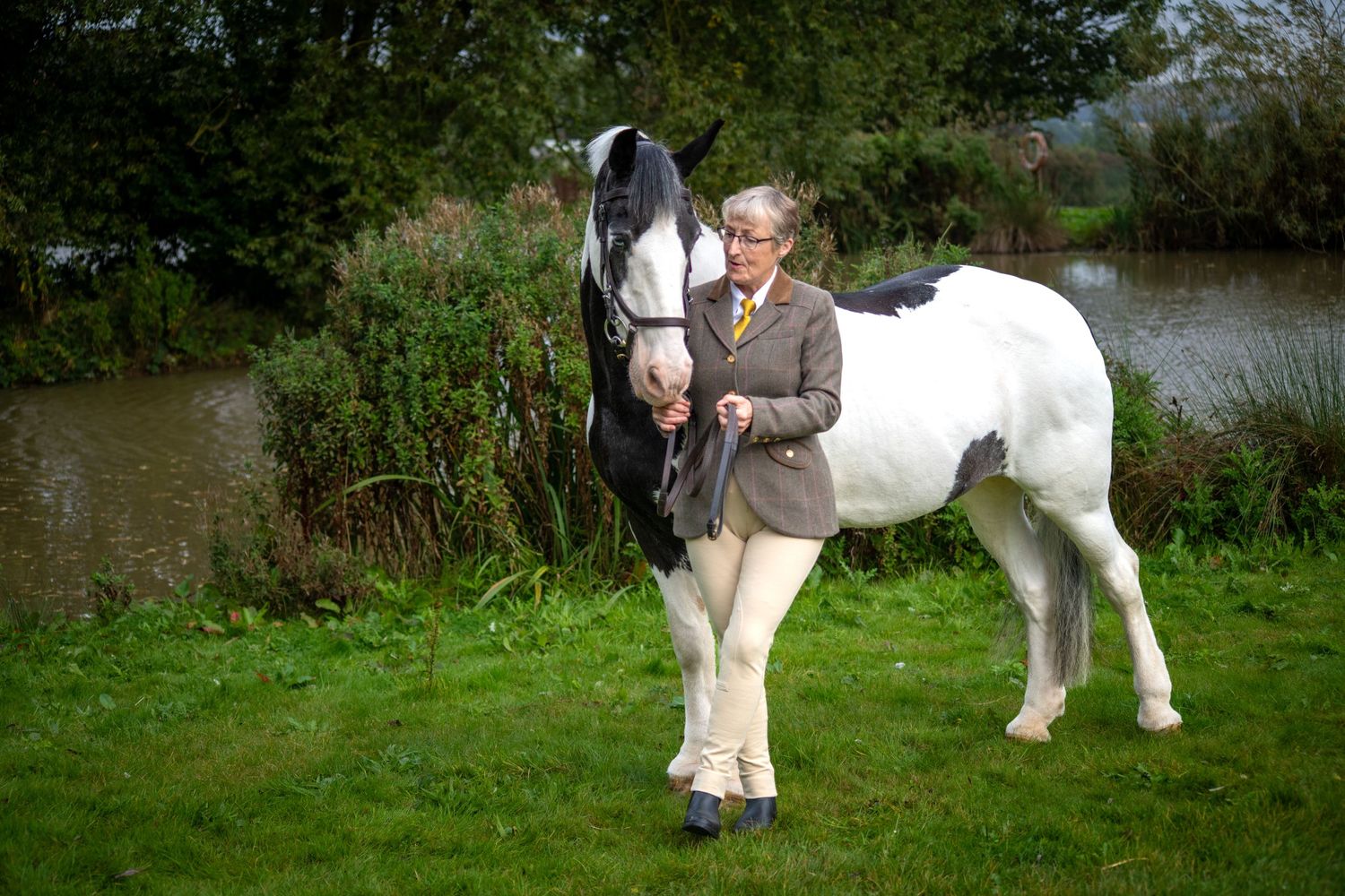Black and white horse with handler in tweed jacket standing by riverside.