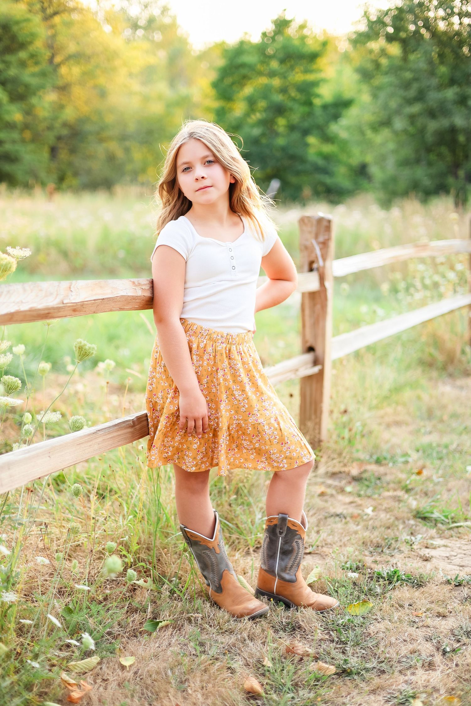 young girl leaning against fence fall