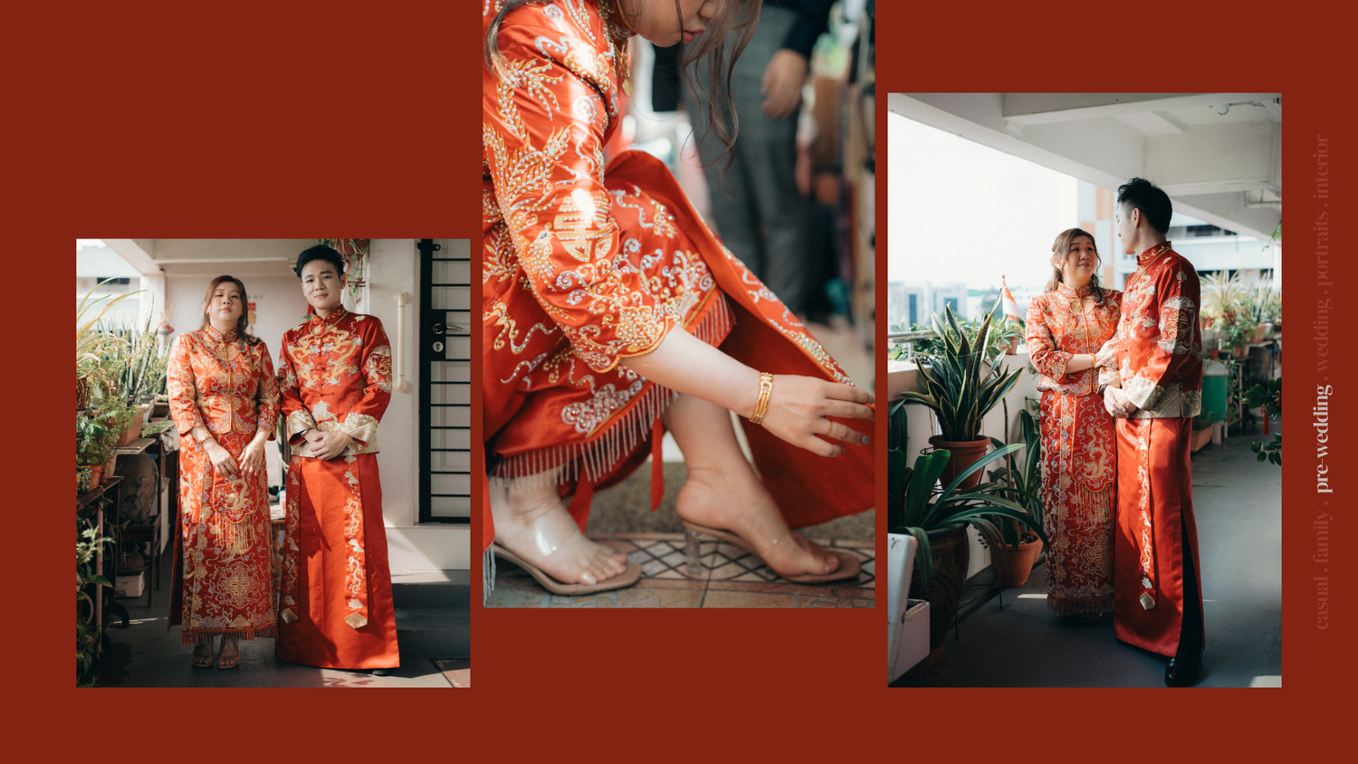 Collage of traditional Chinese wedding prep showing detailed red qipao dress moments.