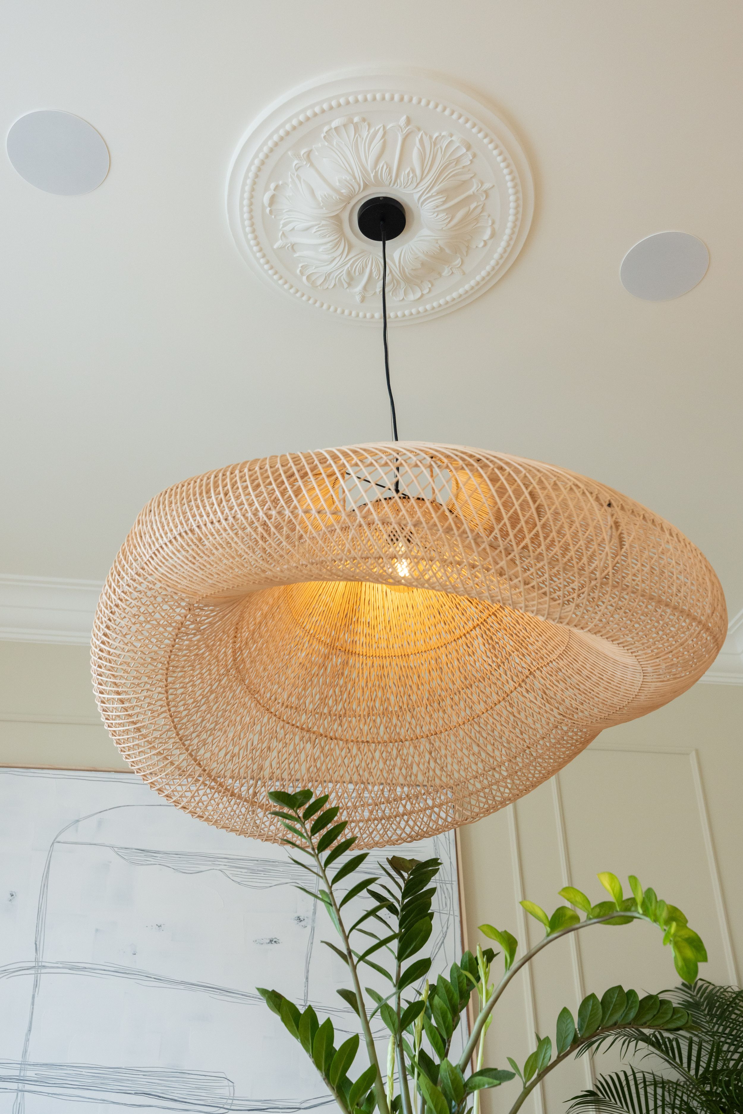 Woven rattan pendant light fixture with organic shape hanging from ornate ceiling medallion.