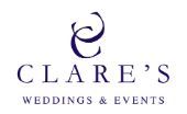 A purple and navy blue wedding planning company logo featuring elegant text for Clare's Weddings and Events.