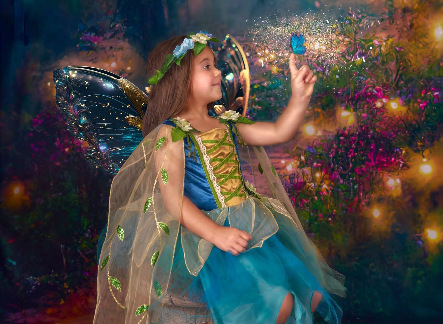 Five-year-old girl in a blue fairy dress sitting on a large mushroom holding a butterfly on top of her finger in a magical fairyland setting