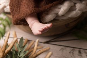 Close-up of baby foot by succulent plants and moss