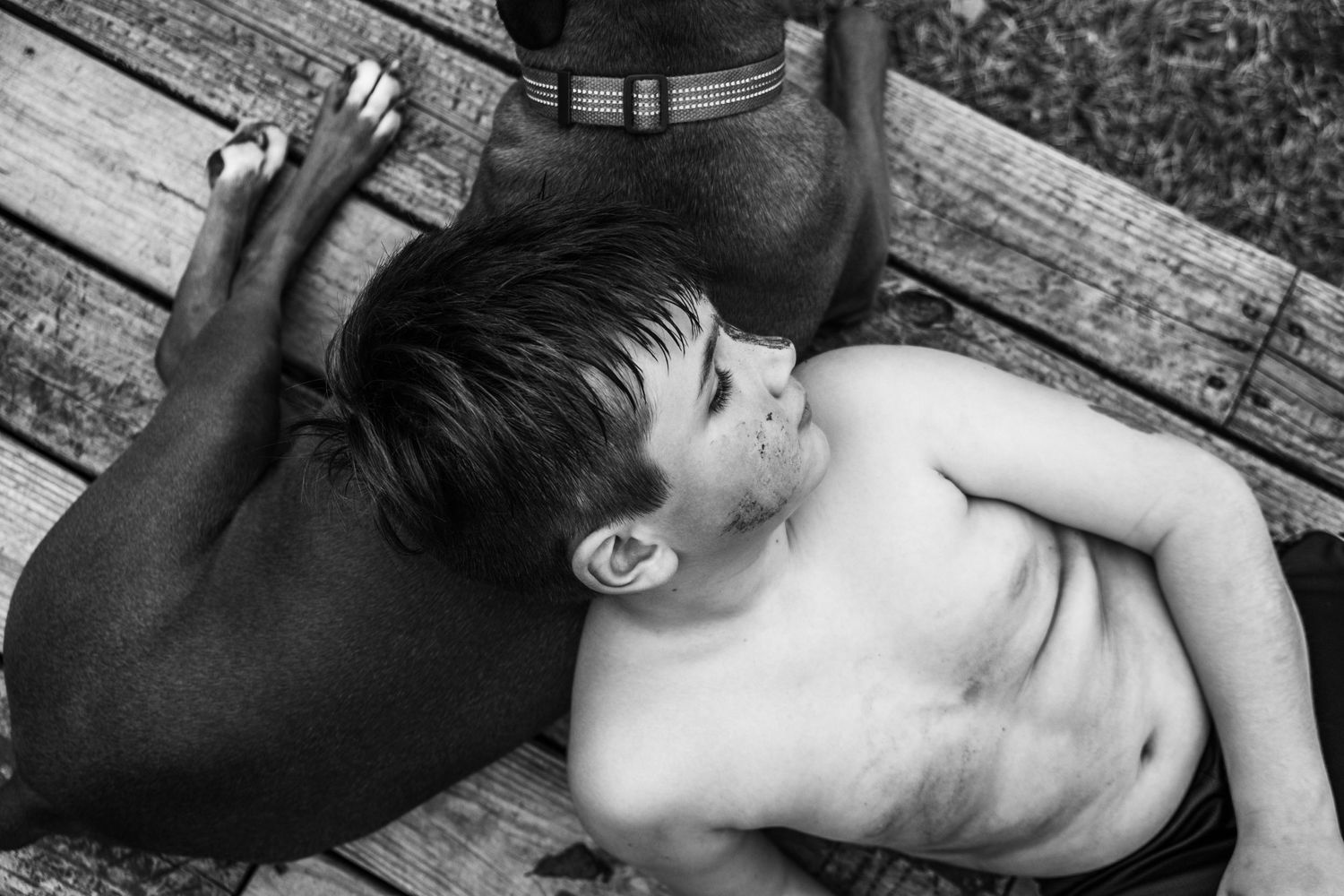 boy with boxer dog on worn deck by the river in chesapeake, virginia family photography