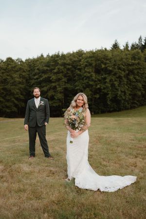 Series of candid wedding photos in a rustic outdoor field setting with evergreen trees.