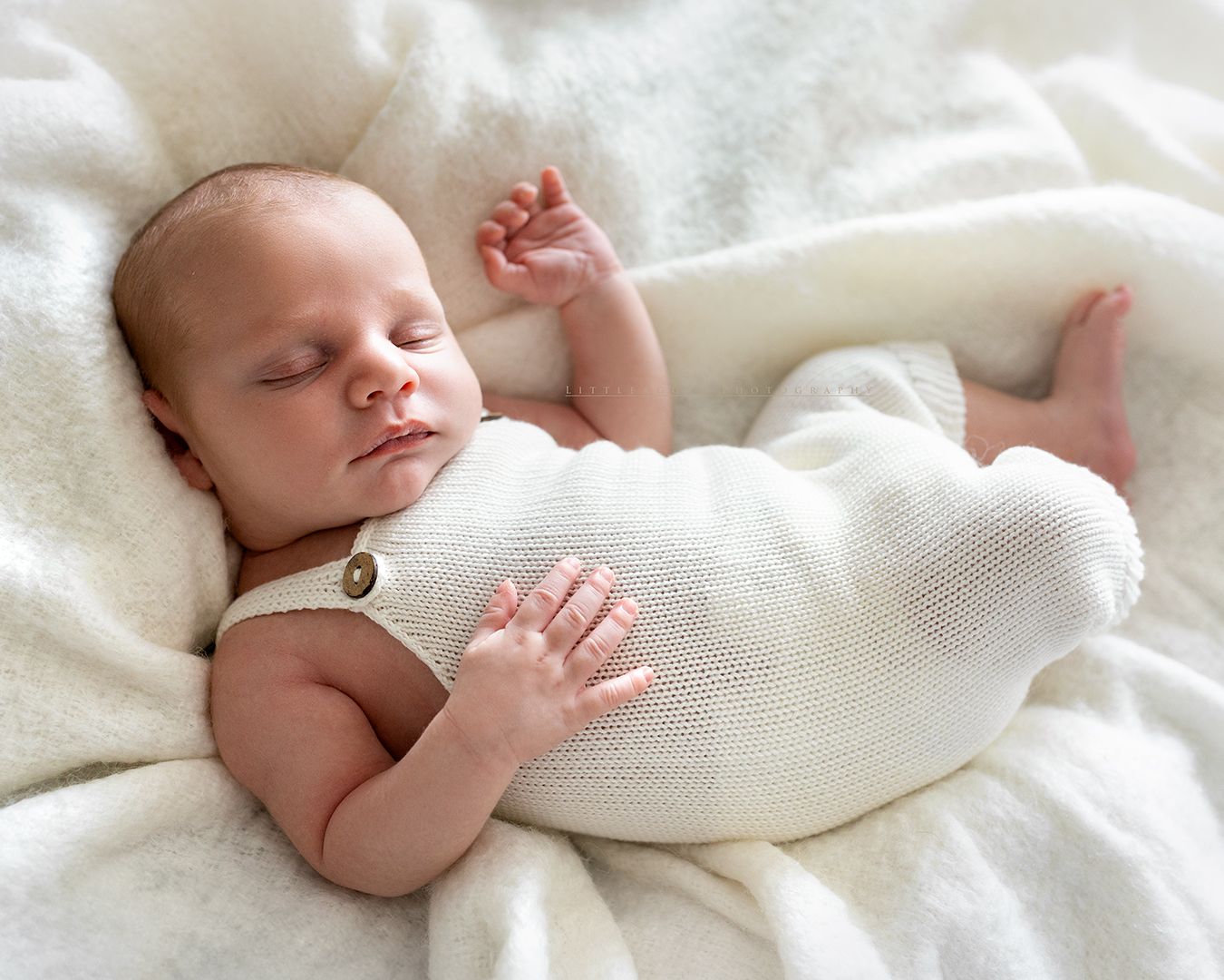 A collage of photos showing a sleeping newborn baby swaddled in soft white blankets.