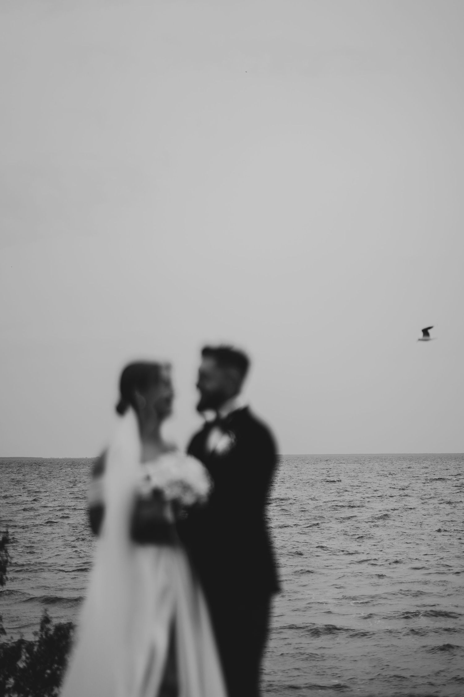 Black and white photo of newlyweds silhouetted against the ocean horizon.