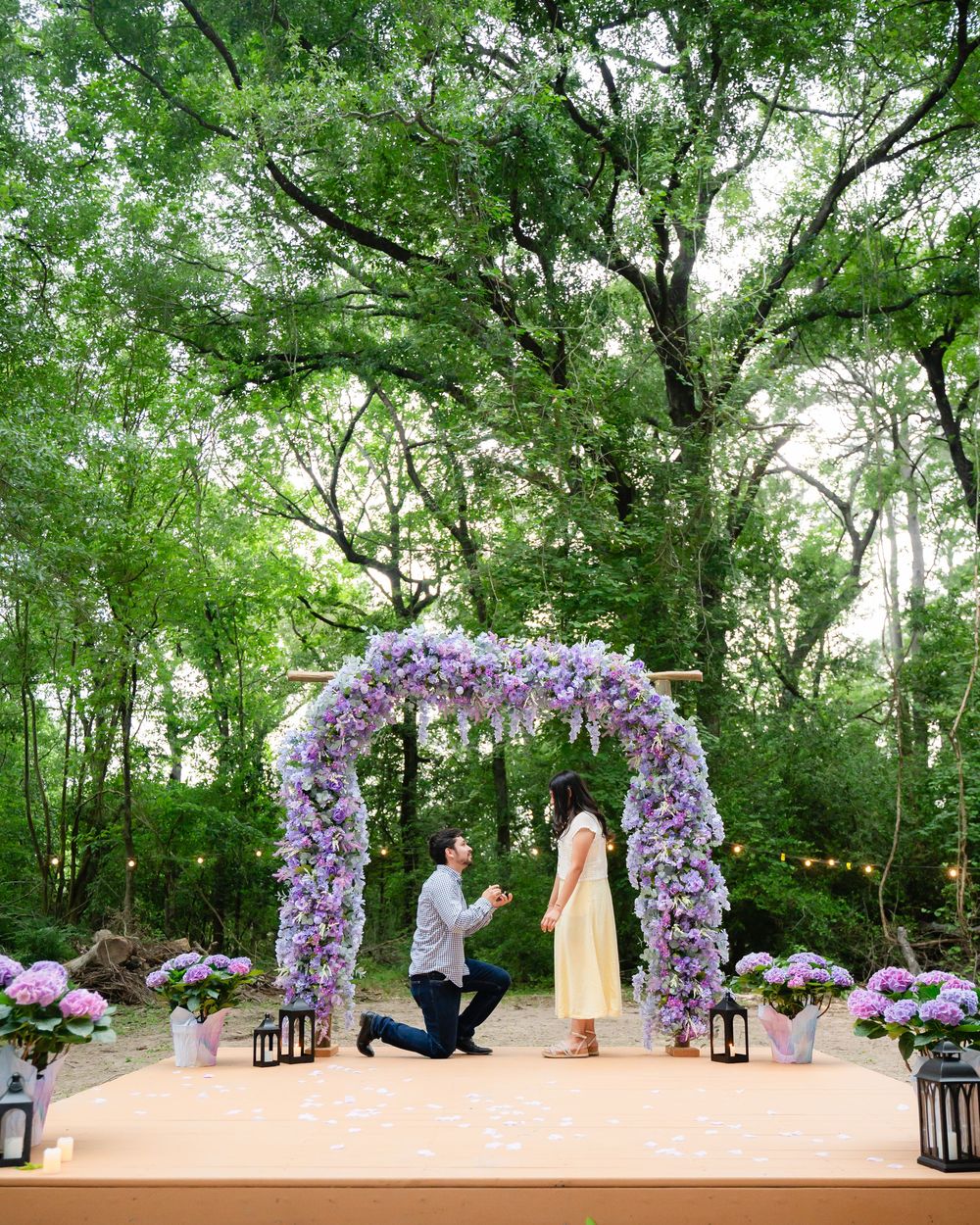 A stunning outdoor proposal scene beneath a lavender floral arch surrounded by trees and lanterns on a wooden platform.