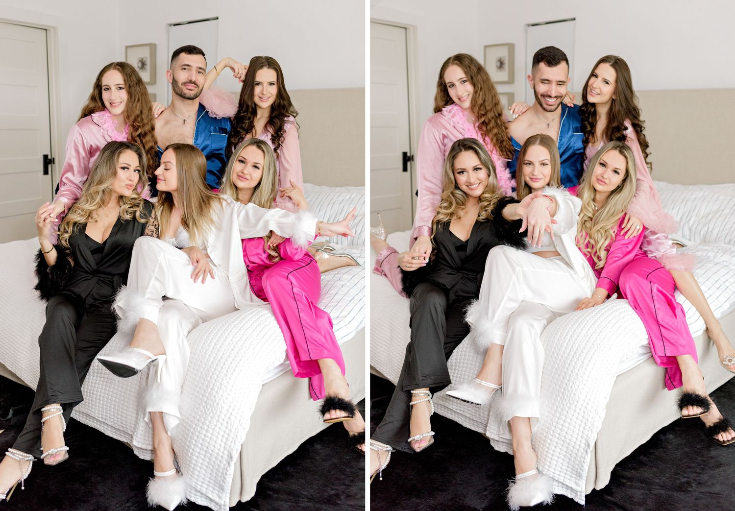 Group poses together on white couch in stylish loungewear during celebration.