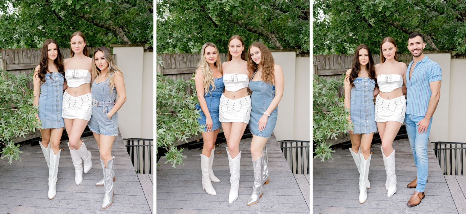 Outdoor photoshoot with casual outfits and white boots against house exterior.