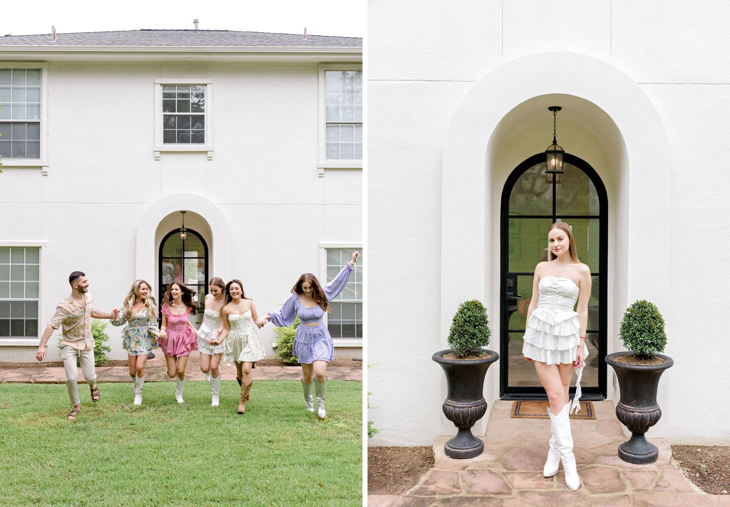 Split image of classic white house entrance and group running on lawn.