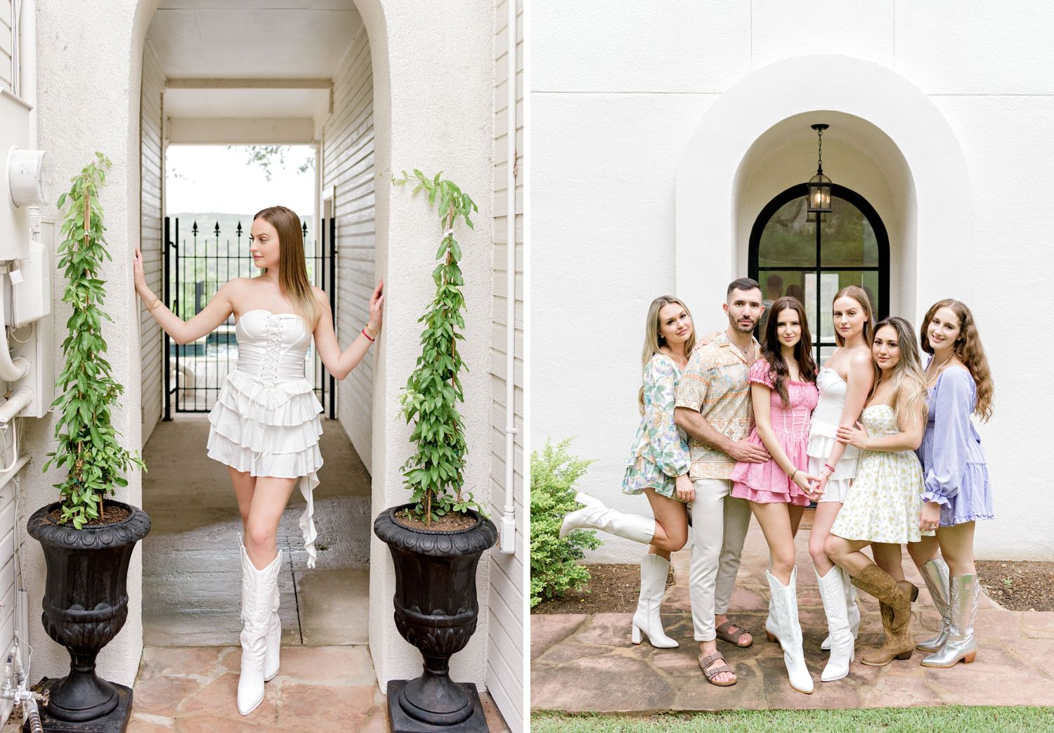 Classic archway entrance with potted plants and group photo in pastel dresses.